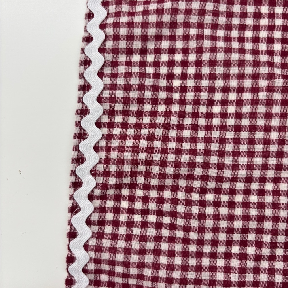 Gingham Check Luncheon Cloth Handmade Embroidered Design Bordered with Rick Rack - Picture 4 of 11